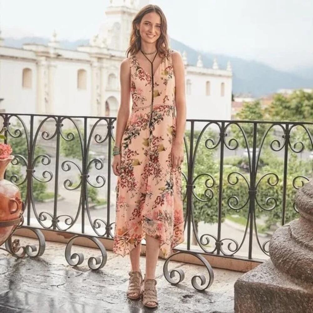 [Sundance] Awash in Floral Garden Print Handkerchief Hem V-Neck Midi Dress Sz 8